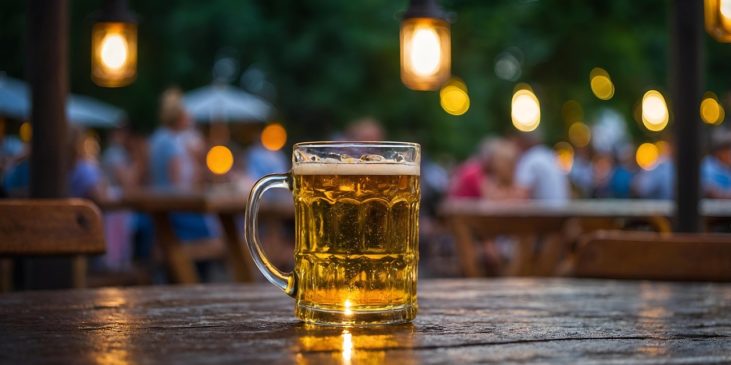Maßkrug auf einem Tisch, im Hintergrund sind verschwommen Lichter zu sehen