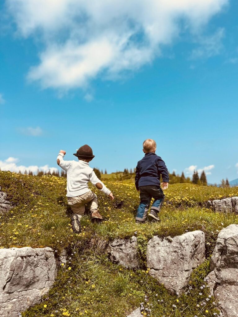 zwei Kleinkinder in den Bergen, wandern einen Hügel hoch, im Hintergrund ist der Himmel zu sehen