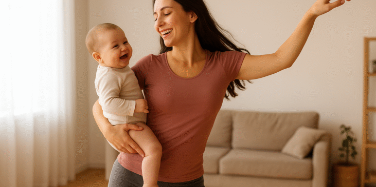Sofa im Hintergrund, Frau in legerer Kleidung mit Baby auf dem Arm beim tanzen, beide lächelnd