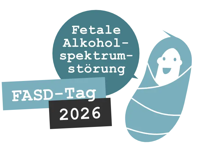 Schwanger-Null-Promille-FAS-Tag 2026 Das Kampagnen-Wickel-Baby mit Sprechblase "fetales Alkoholspektrum Störung Syndrom" zum FASD Tag 2026